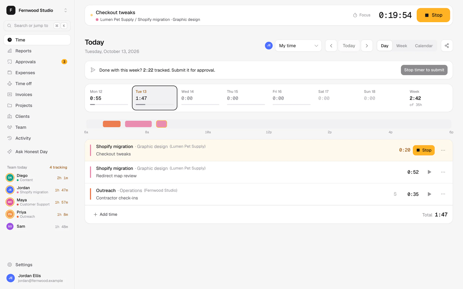 Honest Day showing a running timer, a timeline of today's entries and a live list of who on the team is tracking what.