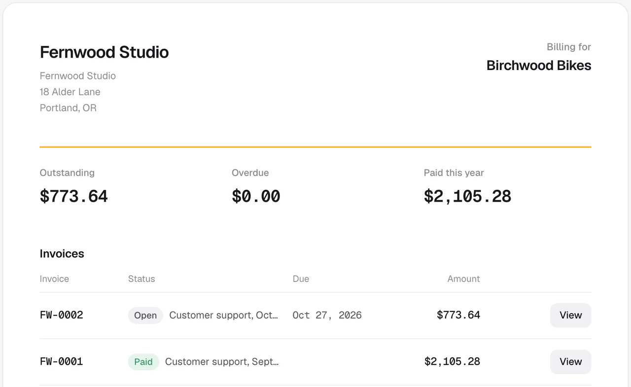A client portal page for Birchwood Bikes showing what is outstanding, overdue and paid this year, with a list of invoices.