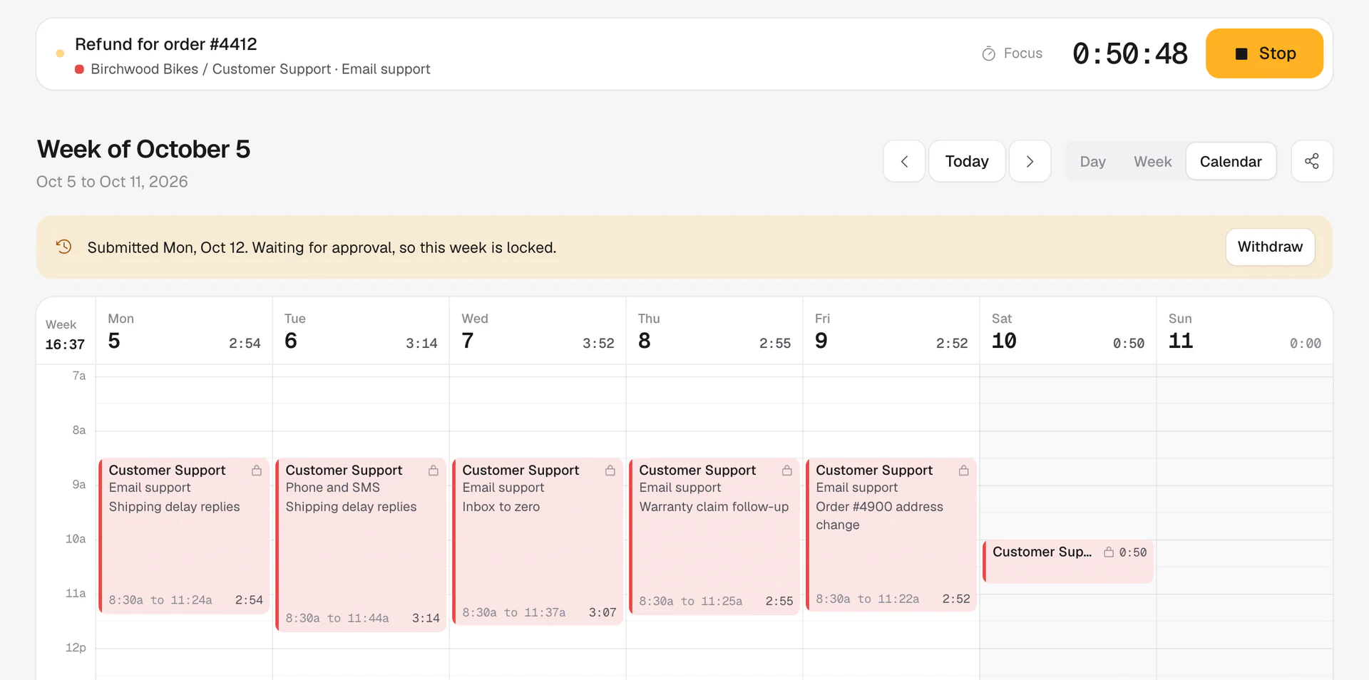 A contractor's week calendar with locked Customer Support entries and a banner saying the week was submitted and is waiting for approval.